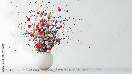Abstract Explosion Of Colorful Geometric Shapes Around A White Sphere