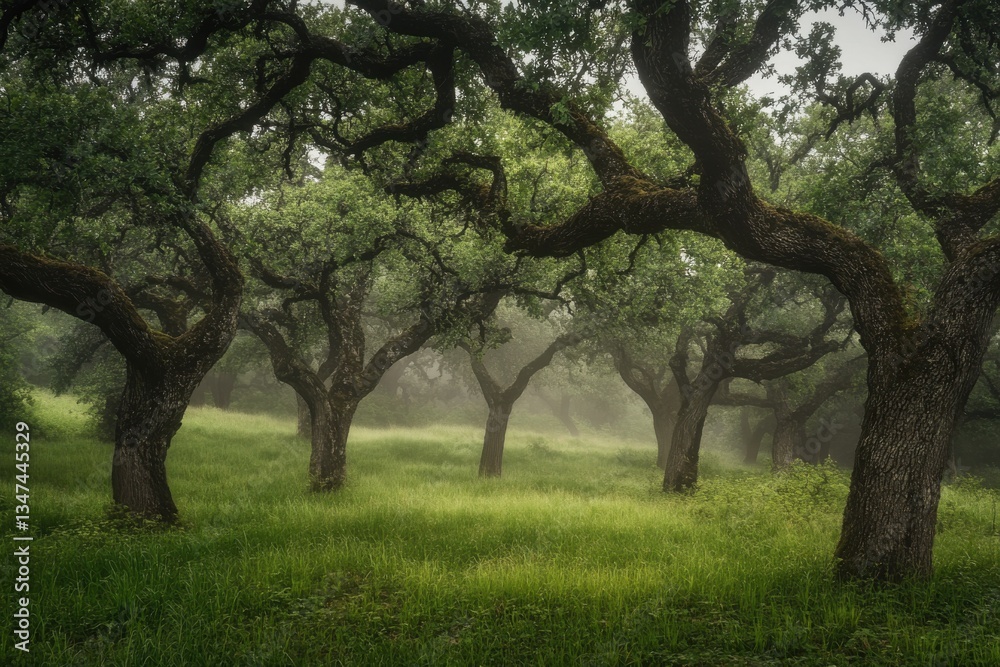 Beautiful Foggy Forest Landscape with Lush Green Grass and Majestic Trees Beautiful Foggy Forest Landscape with Lush Green Grass and Majestic Trees