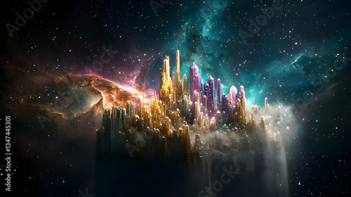 Abstract Digital Cityscape Illuminated With Glowing Lights Against a Cosmic Galaxy Nebula Background