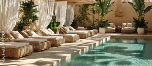 Imagine here stands a luxurious poolside lounge with woven rattan sunbeds, sheer white cabana curtains, and tropical potted plants surrounding a crystal-clear pool