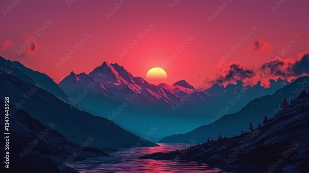 Fototapeta premium A mesmerizing vaporwave landscape featuring mountains at sunset.