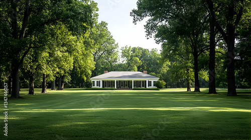 A White House Surrounded By Lush Green Trees On A Sunny Day With A Grassy Lawn In Front