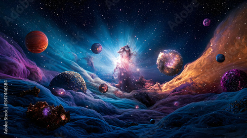 Vibrant Digital Art Depicting Cosmic Nebula And Floating Planets In Textured Space Background