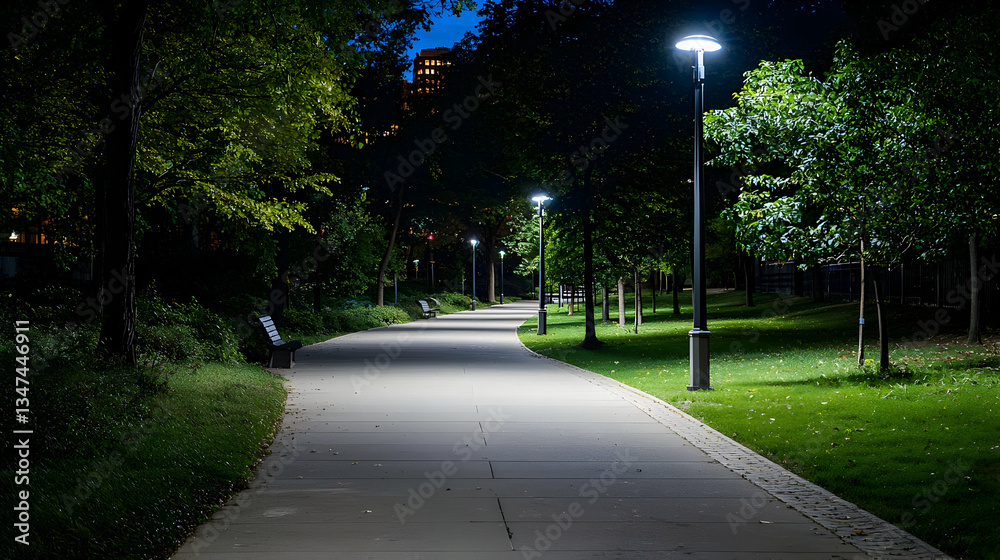 Obraz premium Pathway Through Green Park Under City Lights at Night Dark Urban Scene