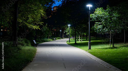 Pathway Through Green Park Under City Lights at Night Dark Urban Scene