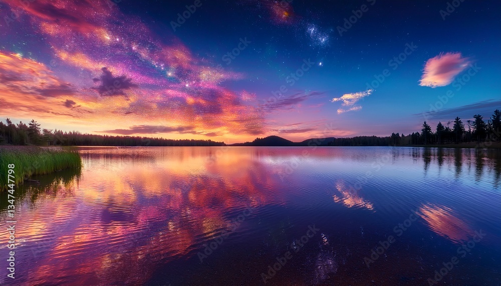 Fototapeta premium the calm waters of a glitter lake glittering at sunset with vibrant colors in the sky