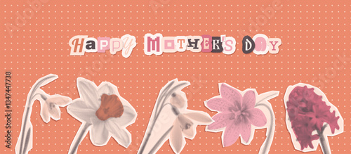 Happy Mothers Day dotted vintage Halftone greeting card with spring flowers torn out paper stickers. Trendy template in mixed media style banner. Vector illustration