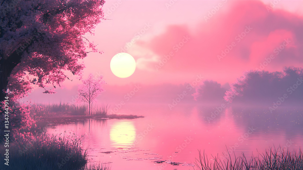 Fototapeta premium A rosy sunrise casts a warm glow, with dewdrops shimmering like diamonds in a scene brimming with romance and magic.