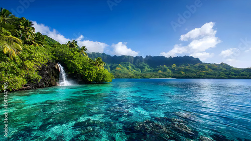 Tropical Island Waterfall Scene With Turquoise Water
