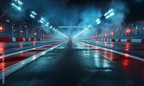 Nighttime racing scene on a slick track illuminated by bright lights with fog rolling in