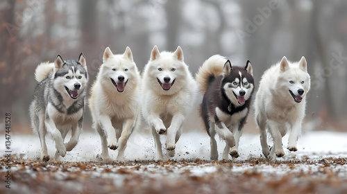 Group Of Huskies Running In Winter Forest