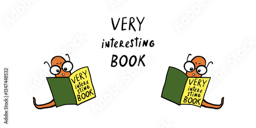 Bookworms reading very interesting book. Library worms in eyeglasses, handdrawn text set on isolated background. Vector illustration collection for educational pictures and children picture books.