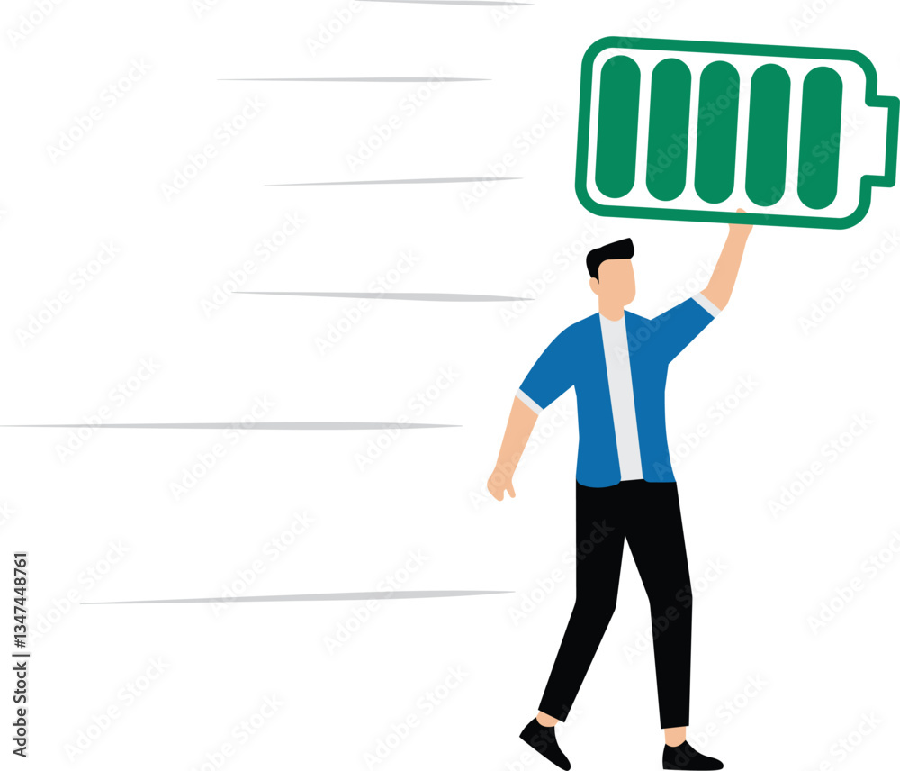 Happy businessman hold battery with full level and runs to work, Happy businessman hold battery with full level and runs to work,