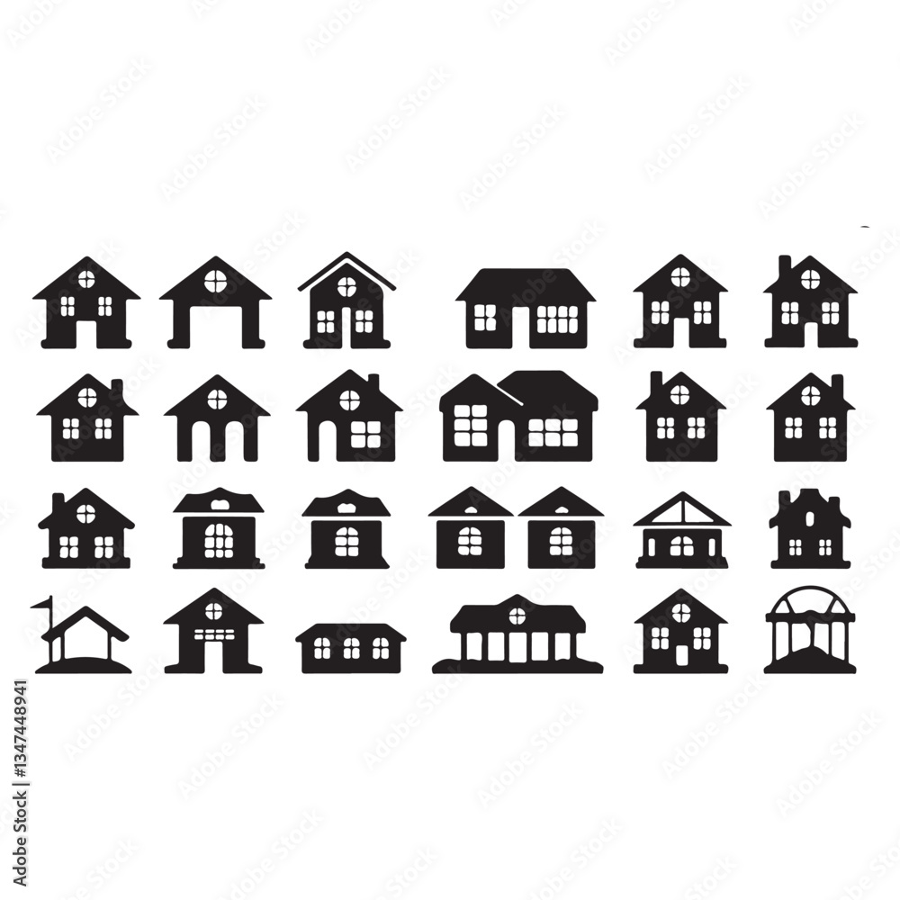 Collection of house silhouettes in black and white for real estate and home design Collection of house silhouettes in black and white for real estate and home design