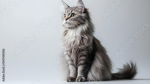 Elegant Gray Maine Coon Cat Portrait Against Light Gray Background