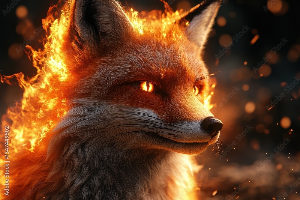 Fox with fiery mane depicted in a captivating moment in a mystical forest at twilight Fox with fiery mane depicted in a captivating moment in a mystical forest at twilight