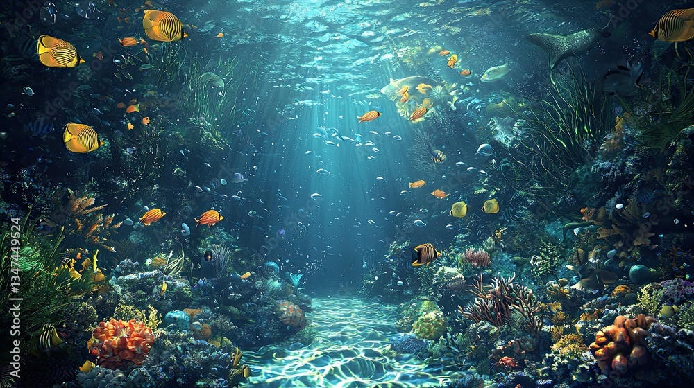 Fototapeta premium Vibrant coral reef teeming with diverse marine life underwater