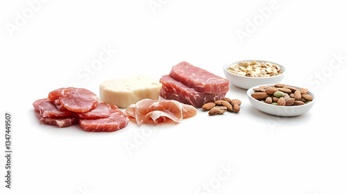 Assorted Meats Cheeses and Nuts Arranged on a White Surface for a Rustic and Delicious Culinary Display