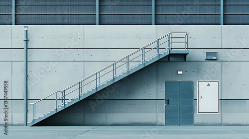 Blue Metal Staircase Ascending Beside Concrete Wall Exterior With Doors in Modern Architectural Design