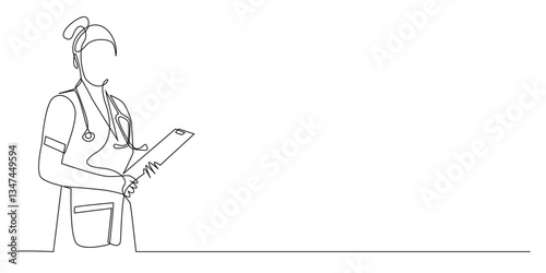 continuous line of nurse carrying clipboard and stethoscope.single line drawing of patient examination.health concept single line.isolated on white background