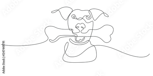 continuous line dog biting bone. one line drawing of hungry dog ​​face.single line vector illustration.isolated on white background