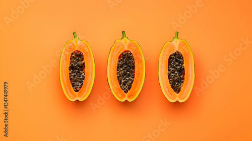 Three Papaya Halves On Orange Background