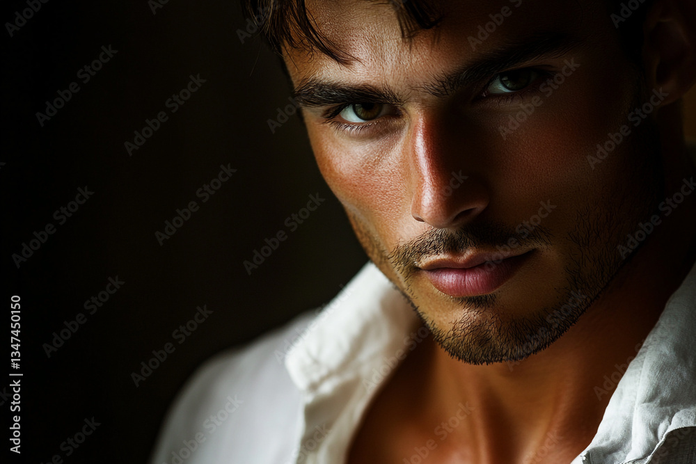 Obraz premium Close up portrait of a handsome man with dark hair and eyes wearing a white shirt in dim lighting