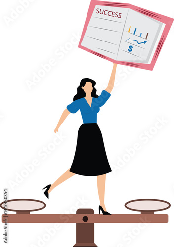 Businesswoman balances work and education on the scales, learning or studying new skill for self improvement and success in wor