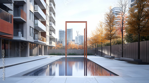 Modern Residential Courtyard with Pool and Fall Trees