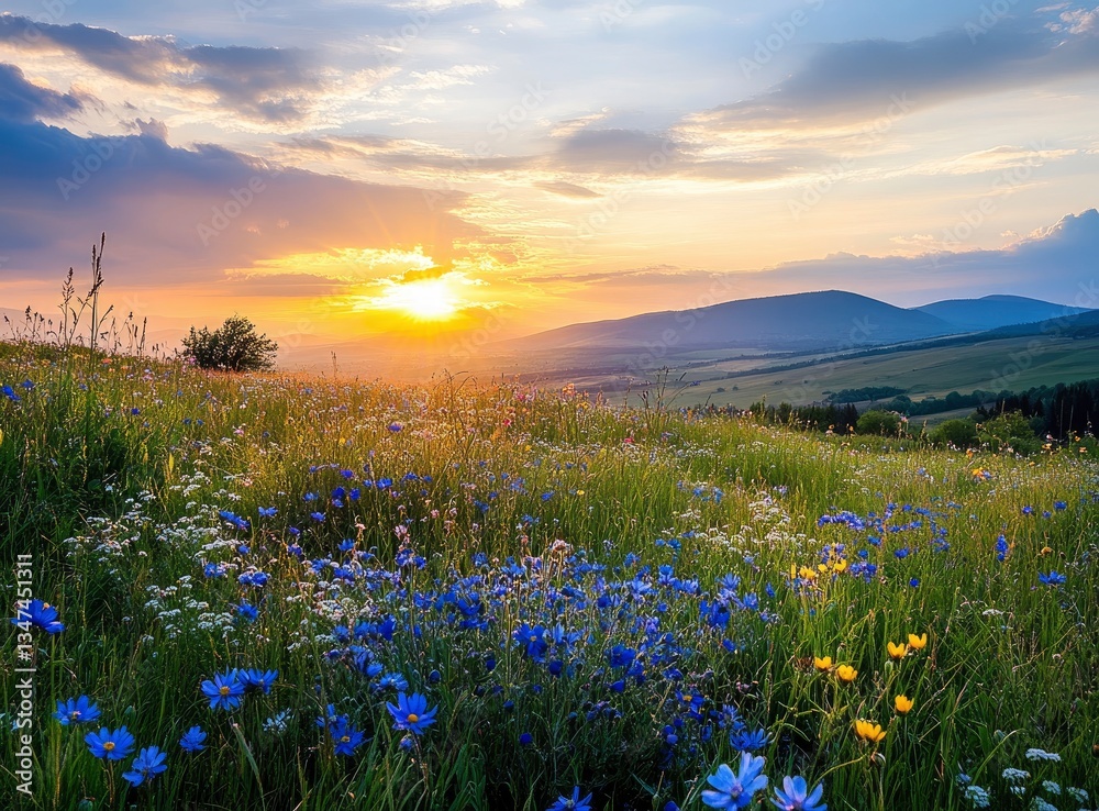 Fototapeta premium Blooming Meadow at Sunset with Flowers and Mountains in the Distance