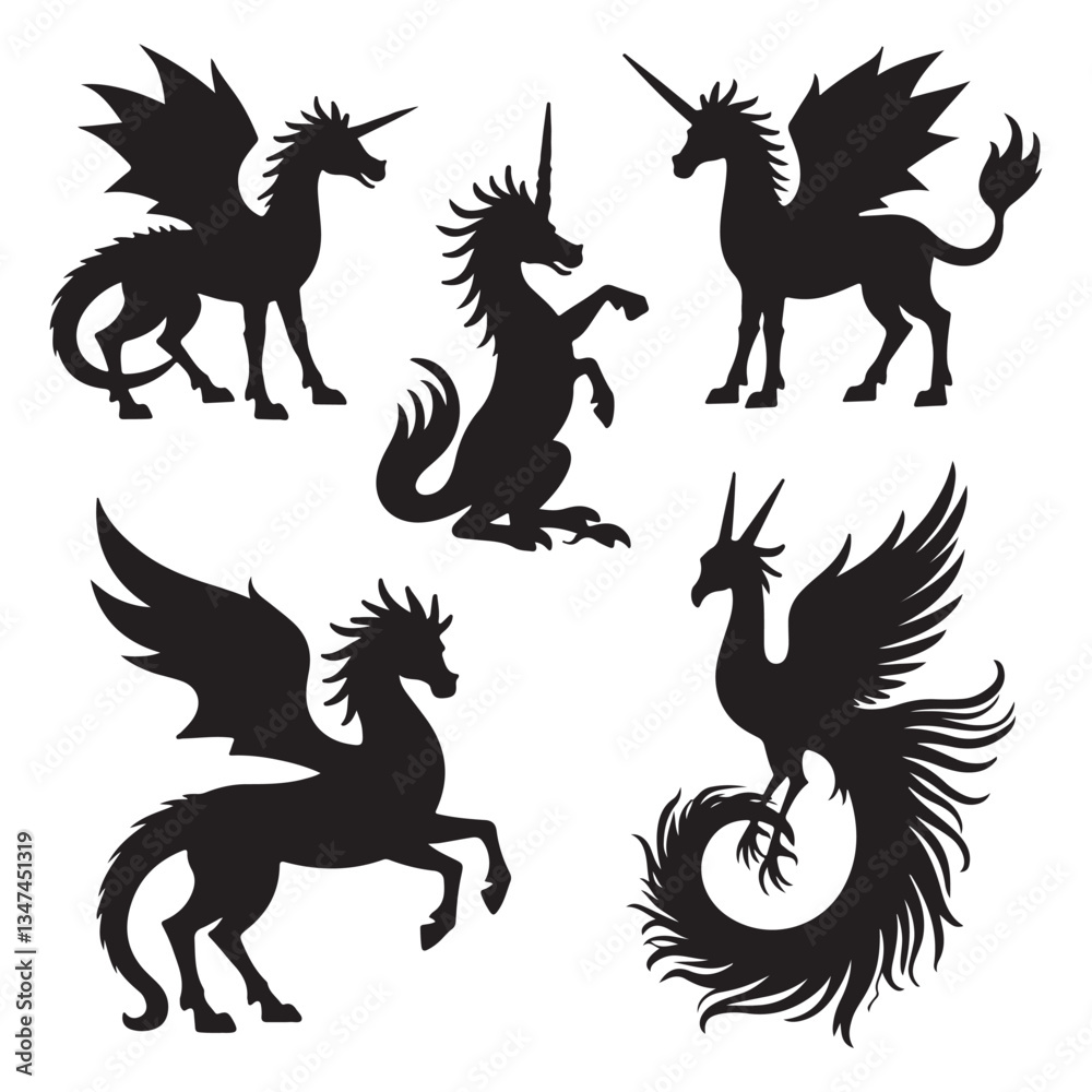 Silhouette of mythical creatures Unicorns Pegasus and Dragons Silhouette of mythical creatures Unicorns Pegasus and Dragons
