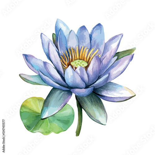 Blue flower with a green leaf. The flower is in the center of the image.