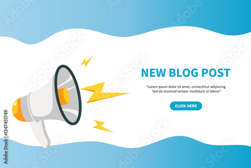 New blog post, banner with megaphone. New blog post speech bubble banner. Vector illustration for retail shopping online marketing template, banner, poster, and background.