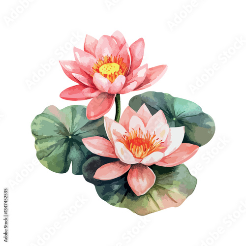 Two beautiful pink flowers with green leaves are displayed on a leaf.