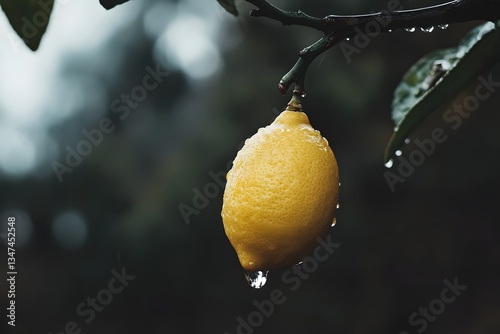 Fresh lemon hangs on a branch glistening with droplets after a recent rain in a vibrant garden setting filled with lush greenery Generative AI