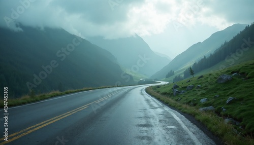 Scenic winding road through misty mountains with lush greenery and wet pavement