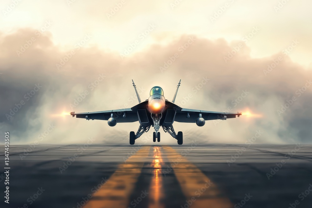 Fototapeta premium Fighter jet prepares for takeoff amidst smoke on a runway at dusk