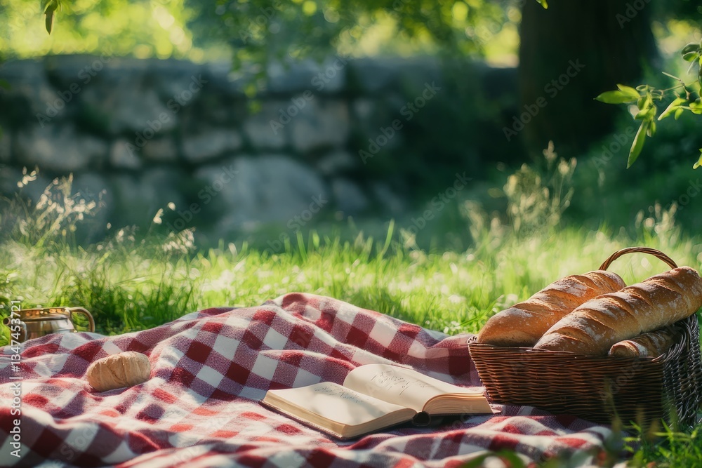 Relaxing picnic with bread and a book on a sunny day in a peaceful outdoor setting