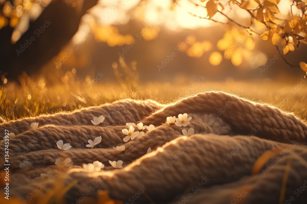 Cozy blanket adorned with flowers lies on golden autumn grass during sunset near a tranquil tree