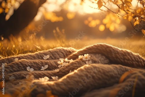 Cozy blanket adorned with flowers lies on golden autumn grass during sunset near a tranquil tree