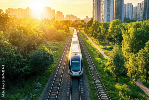 Modern train moving through a lush green landscape towards a city skyline during golden hour, symbolizing sustainable urban transportation and eco-friendly mobility