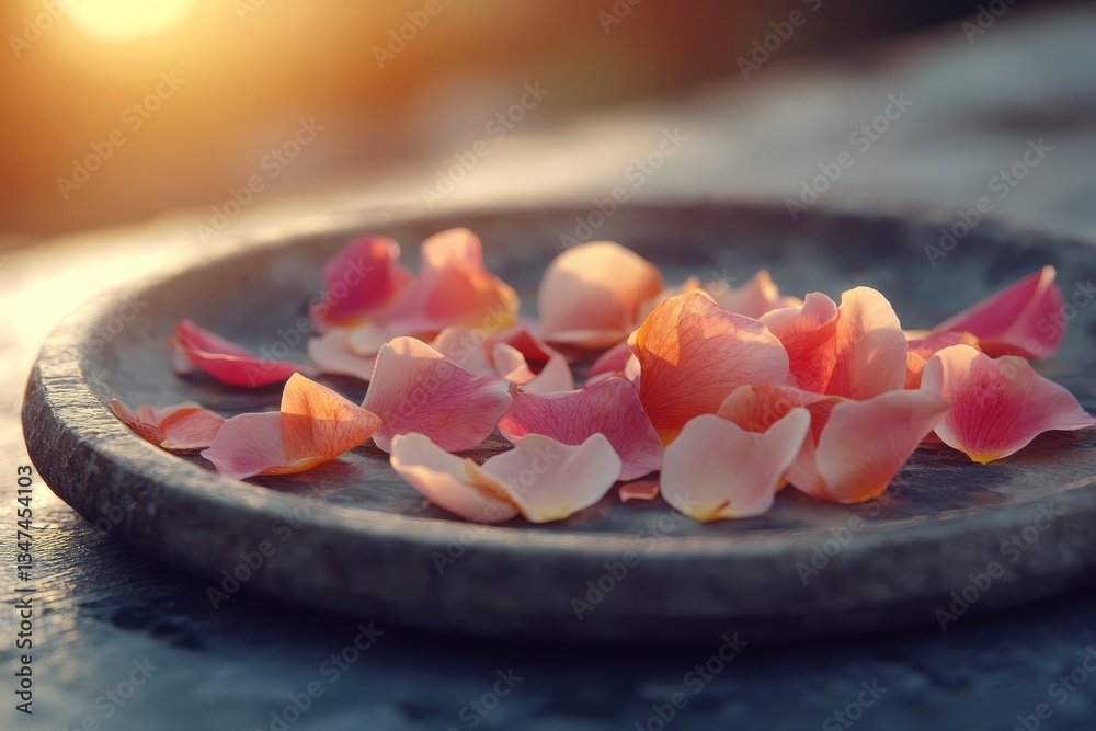 Delicate rose petals arranged on a rustic plate during golden hour in a serene outdoor setting