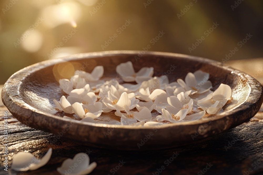 Petals scattered on a rustic plate surrounded by nature during golden hour light