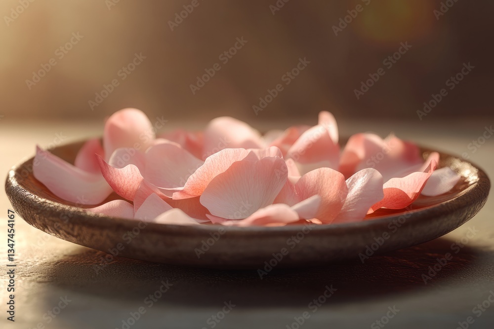 Soft pink rose petals arranged artfully in a shallow bowl on a textured surface capturing warm ambient light