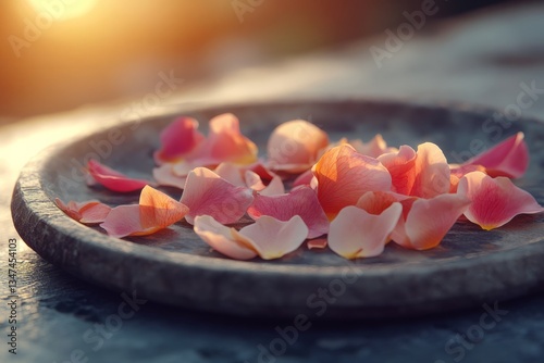 Obraz na płótnie Delicate rose petals arranged on a rustic plate during golden hour in a serene outdoor setting w salonie