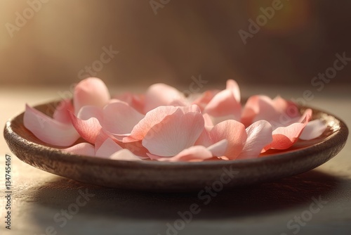 Obraz na płótnie Soft pink rose petals arranged artfully in a shallow bowl on a textured surface capturing warm ambient light w salonie