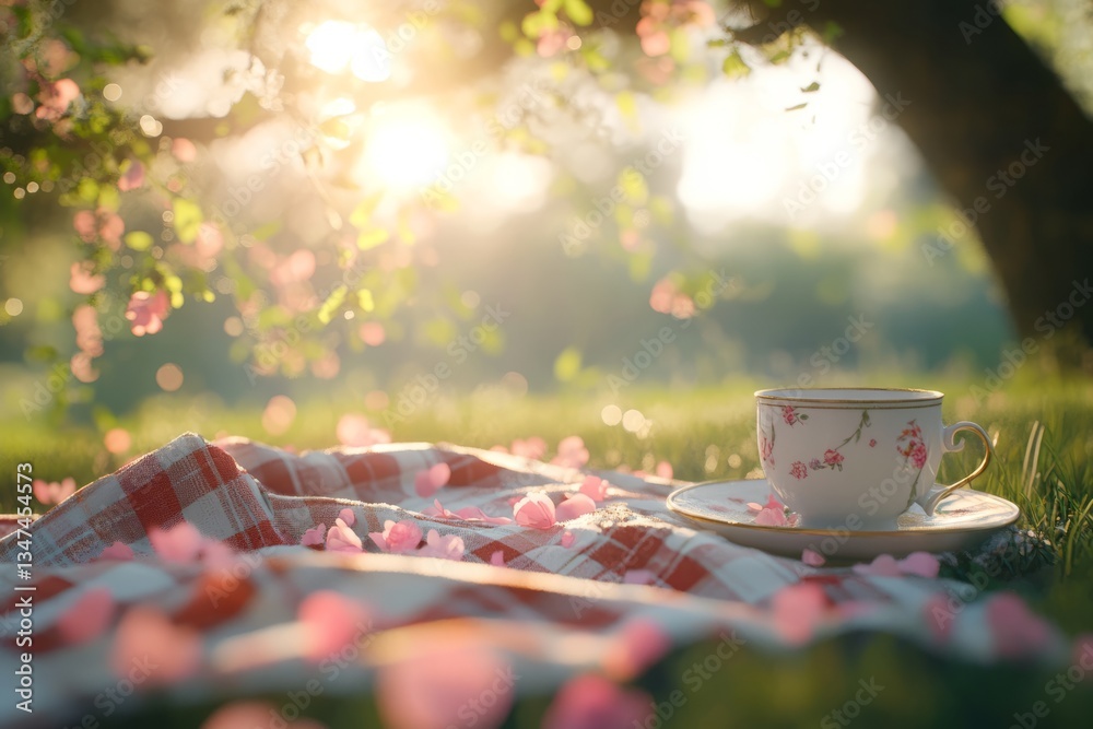 Relaxing afternoon picnic with a tea cup amidst blooming flowers in a sunlit garden