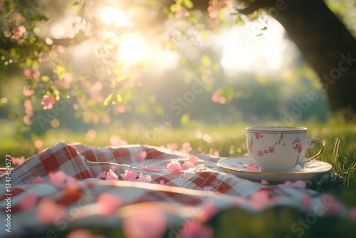 Obraz na płótnie Relaxing afternoon picnic with a tea cup amidst blooming flowers in a sunlit garden w salonie