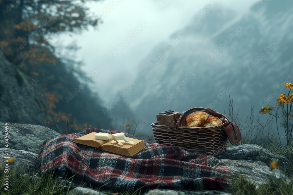 Rustic picnic setup with cheese, bread, and fruits near misty mountains in autumn scenery
