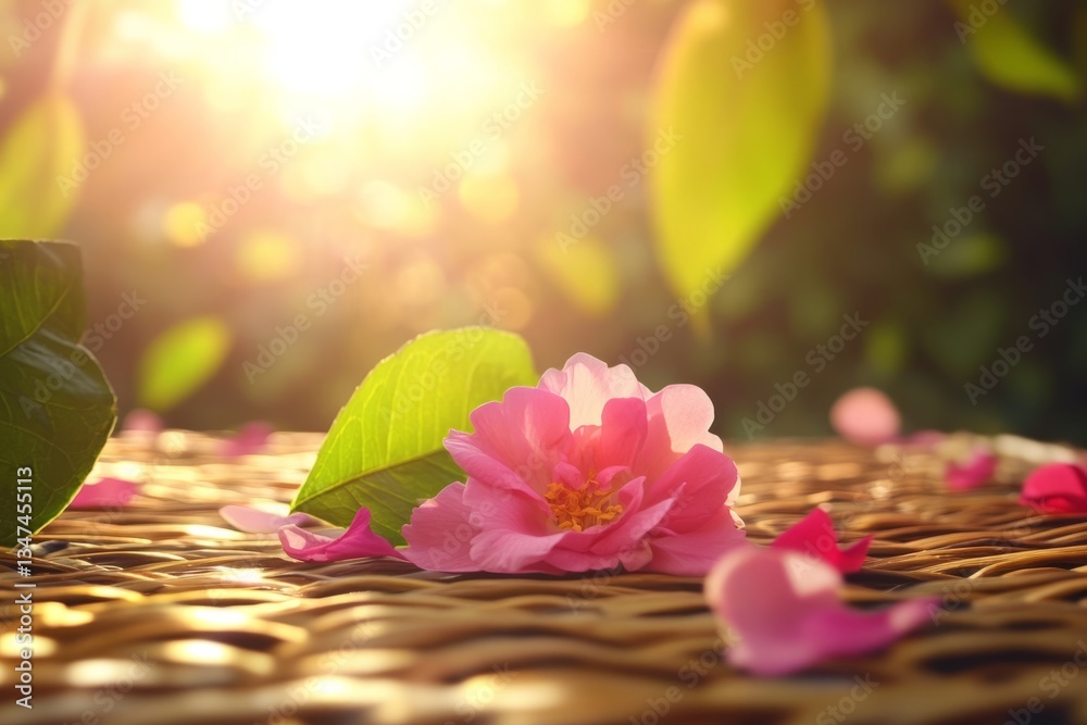Beautiful pink flower resting on a wicker surface in warm sunlight during a serene spring afternoon